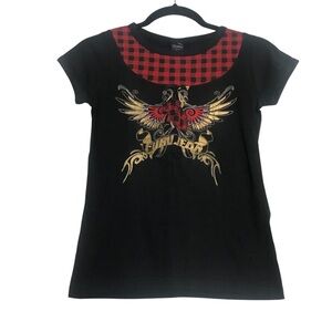 Fubu Y2K Black Plaid Angel Wing Graphics Short Sleeve Top Girls Sz 14/16 NWT